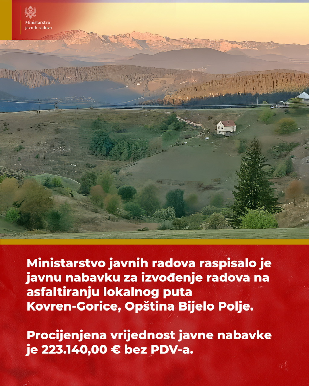 Za asfaltiranje puta Kovren-Gorice u Bijelom Polju 223.140 eura